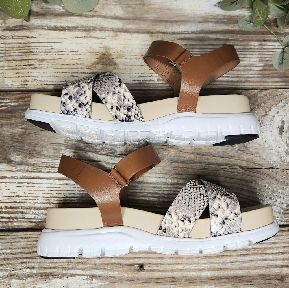 Cole Haan Zero Grand Python Print Crossed Leather Strap Brown Beige Sandals Sz8